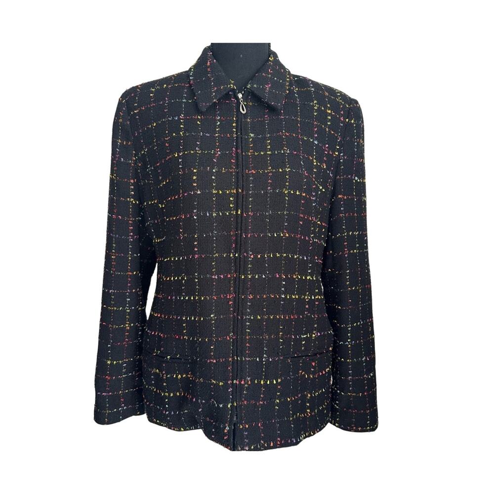 VTG Sag Harbor 90s Black Zip Blazer Jacket 10P Rainbow Textured Windowpane Plaid